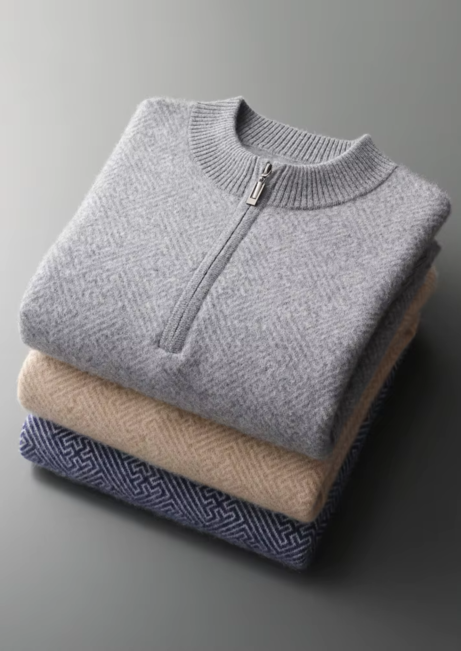 PREMIUM CASHMERE PATTERNED HALF-ZIP SWEATER